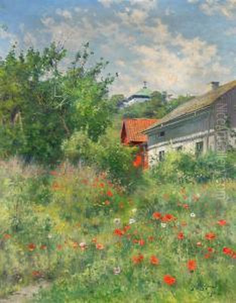 Gammal Tradgard Med Blommande Vallmo Oil Painting by Johan Erik Ericson