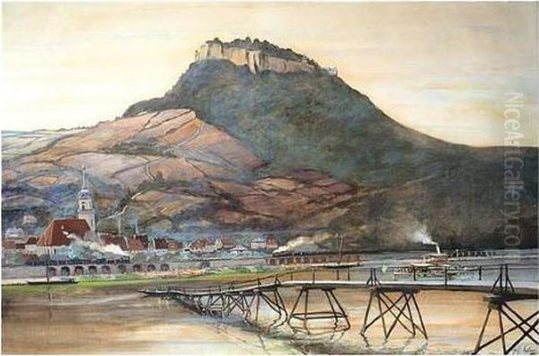 A Rhineland View, Signed And 
Dated 1917, Watercolour Heightened With White, 67 X 97 Cm.; 26 1/2 X 38 
In Oil Painting by Fritz Erler