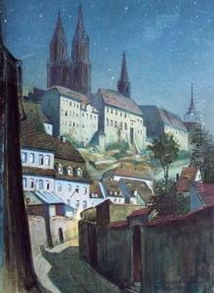 Blick Auf Die Albrechtsburg, Meissen, Von Der Leinewebergasse Aus Bei Nacht Oil Painting by Georg O. Erler