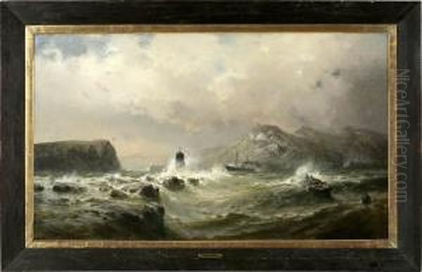 Im Aufgewuhlten Meer Kampfen Ein
 Ruderboot Und Ein Segelschiff Gegen Die Naturgewalt Der Brechenden 
Gischtwellen Und Der Gefahrlichen Brandung An Den Felsenklippen. 
Imposantes, Atmospharisch Meisterhaftes Hauptwerk Des Kunstlers, Der 
Sich Als Schu Oil Painting by Hermann Eschke