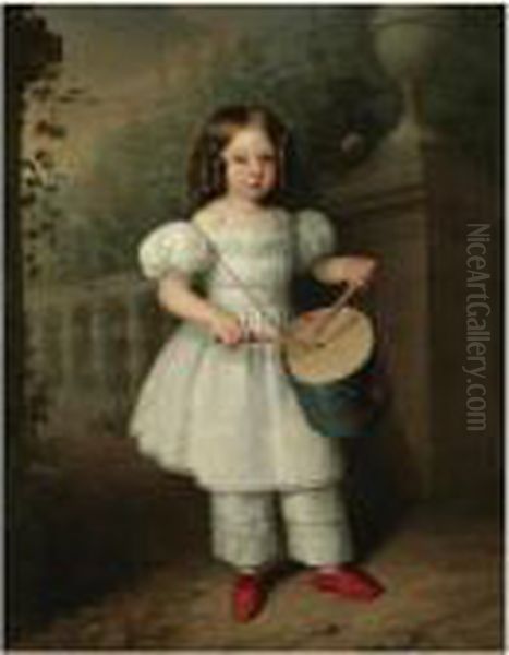 Nina Tocando El Tambor (girl Playing A Drum) Oil Painting by Antonio Maria Esquivel Suarez de Urbina