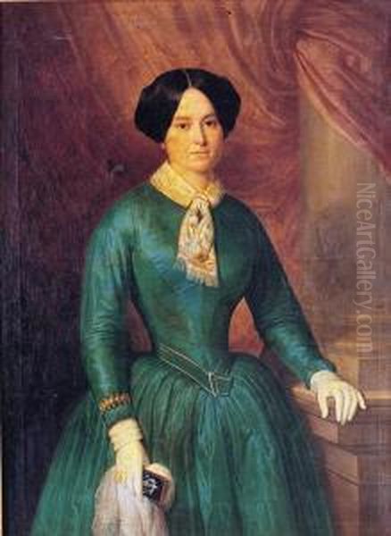 Retrato De Dama Joven De Tres Cuartos, Vistiendo Un Traje
 Verde Oil Painting by Antonio Maria Esquivel Suarez de Urbina