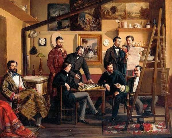 Studio Chess Game Oil Painting by Antonio Maria Esquivel Suarez de Urbina