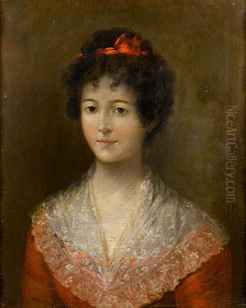 Portrait Of A Lady, Half-length,
 In A Reddress, With A Lace Shawl And A Red Ribbon In Her Hair Oil Painting by Augustin Esteve