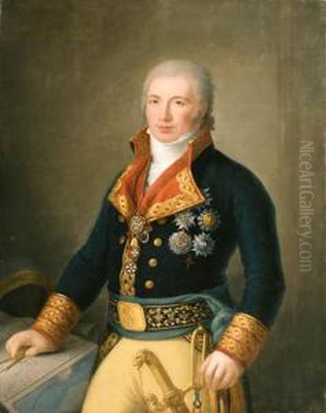 Portrait Of Don Manuel Godoy, 
Duque De Alcudia, Principe De La Paz,standing Three-quarter Length, 
Wearing A Blue Uniform With Theorder Of The Golden Fleece, Pointing At 
Maps Of The Straits Ofgibraltar And The New Indies Oil Painting by Augustin Esteve