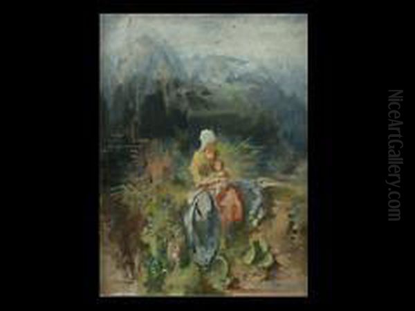 Junge Mutter Mit Kind Auf Einerrasenbank Oil Painting by Gustav Eyer