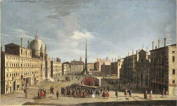 The Piazza Navona, Rome, From 
The South, With A Crowd Watching A Performance Of The Commedia Dell'arte Oil Painting by Jacopo Fabris Venice