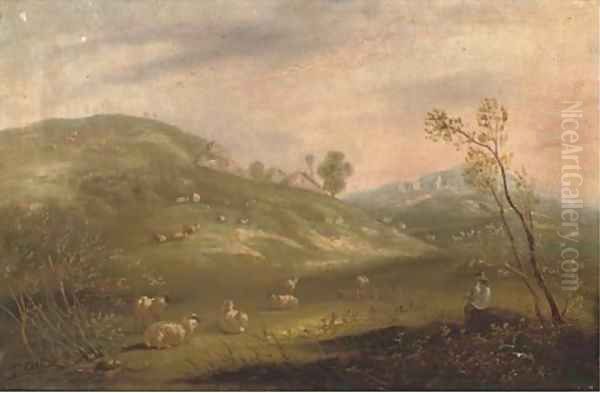 A shepherd and his flock on a hillside with cottages in the distance Oil Painting by John Maler Collier