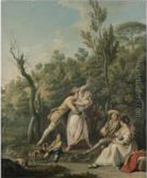 A Wooded Landscape With A Woman 
Resisting The Advances Of Asoldier, An Amorous Couple Beside Them Oil Painting by Pietro Fabris