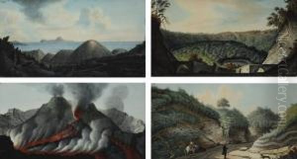 Vesuvius Erupting; The Bay Of 
Naples With Capri In The Distance; Neapolitan Landscape; And Travellers 
On A Path Oil Painting by Pietro Fabris