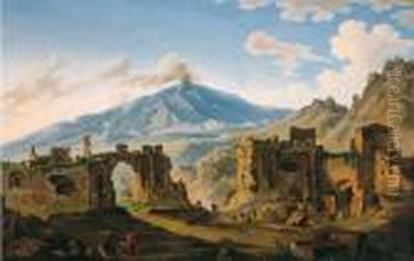 Veduta Del Teatro Greco Di Taormina Con Il Vulcano Etna
 Olio Su Tela, Cm. 74x113,5 Oil Painting by Pietro Fabris