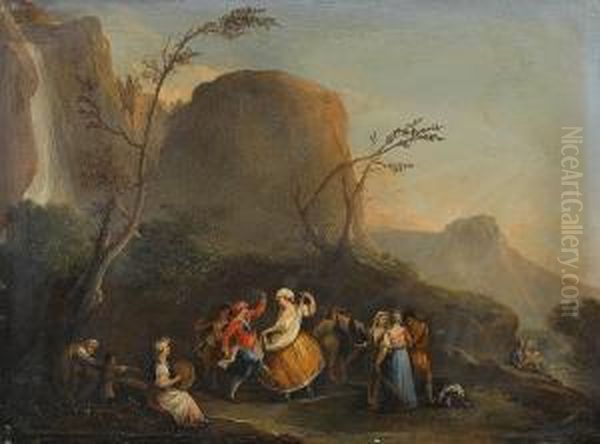 Figures Dancing Besides A River Under A Waterfall; And Peasants Merrymaking In An Inn Oil Painting by Pietro Fabris