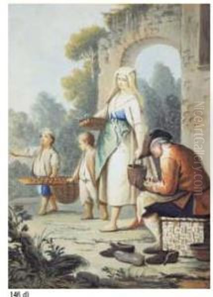 Attivo A Napoli Dal 1754 Al 1804
 A) Il Venditore Di Caldarroste B) La Spaghettata C) La Suonatrice Di 
Tamburello D) Il Calzolaio Oil Painting by Pietro Fabris