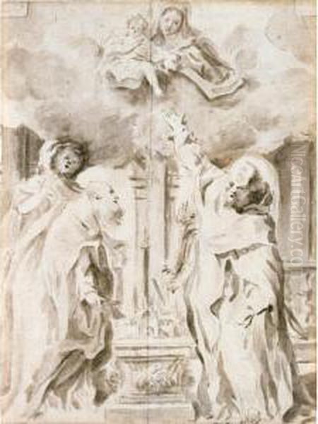 The Madonna In Glory With The 
Patron Saints Of Bologna: Ss. Petronius, Dominic, Proculus And Francis Oil Painting by Pietro Faccini