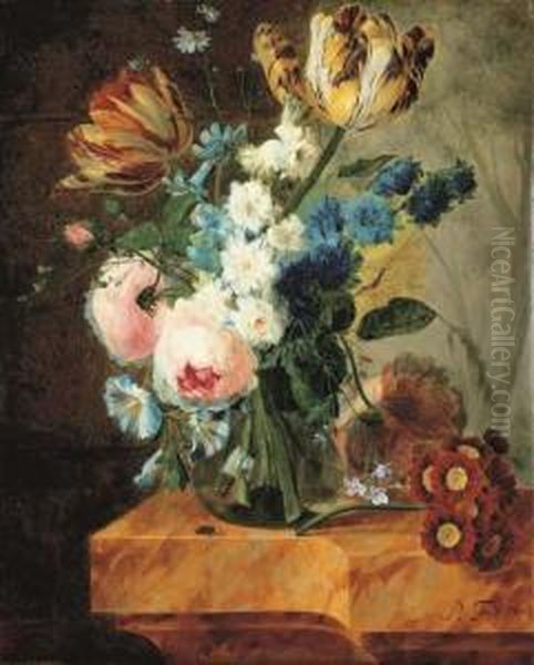 Tulips, Roses, Morning Glory, 
Campanulas And Other Flowers In Aglass Vase With Primulas On A Marble 
Ledge, A Wooded Landscapebeyond Oil Painting by Pieter Faes