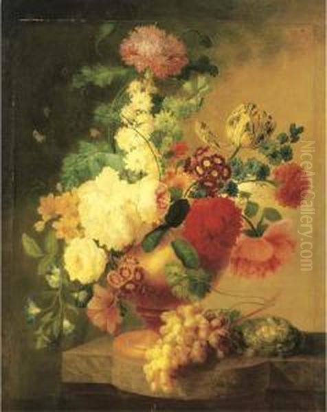 Tulips, Roses, Peonies, 
Narcissus, And Other Flowers With A Butterfly In An Urn, With Grapes On 
The Vine And A Bird's Nest With Eggs And Ants On A Marble Ledge Oil Painting by Pieter Faes