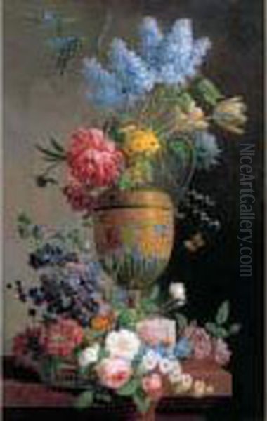 Nature Morte Au Bouquet De Lilas, Pivoines Et Tulipes Et A La
 Corbeille De Fleurs Sur Un Entablement Oil Painting by Pieter Faes