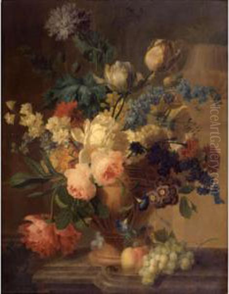Still Life Of Roses, Peonies, 
Tulips, Narcissus, And Other Flowers In A Terracotta Vase, With Grapes 
And A Peach, All Resting On A Ledge Oil Painting by Pieter Faes