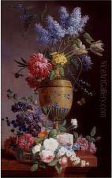 Still Life Of Lilacs, Roses, 
Tulips And Other Flowers In A Tall Urn Resting On A Ledge With A Basket 
Overflowing With Flowers Oil Painting by Pieter Faes