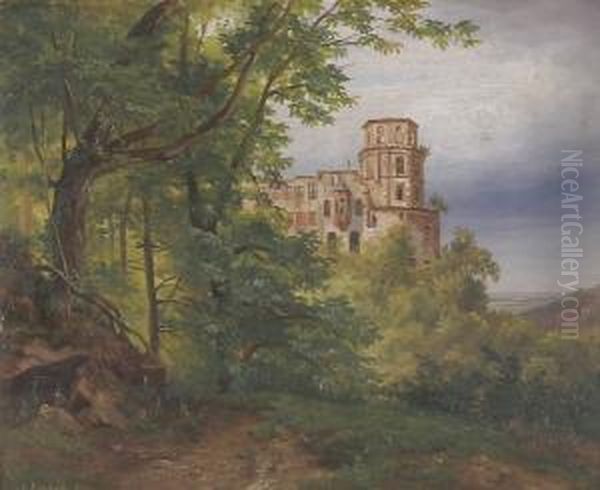 Blick Von Osten Auf Den 
Glockenturm Des Heidelberger Schlosses; Im Vordergrund Baume, Der 
Hintergrund Mit Blick In Die Rheinebene Oil Painting by Carl Ludwig Fahrbach