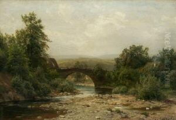 Flusslandschaft Mit
 Steinbrucke. Oil Painting by Carl Ludwig Fahrbach
