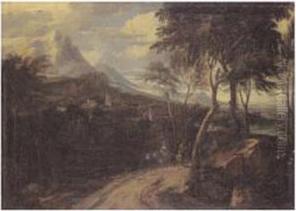 An Extensive Classical Landscape
 With An Elegant Lady And Other Travellers On A Road, A Town Beyond Oil Painting by Anton Faistenberger