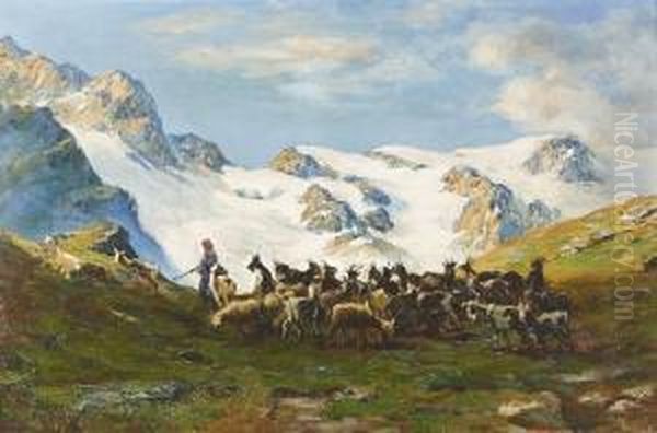 Ziegenherde Auf Einer Passhohe. Oil Painting by Alberto Falchetti