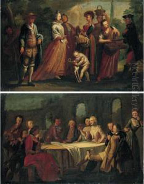 Figures Selling Various Objects 
To Passers-by; Figures Gathered Around A Table With Musicians Oil Painting by Filippo Falciatore
