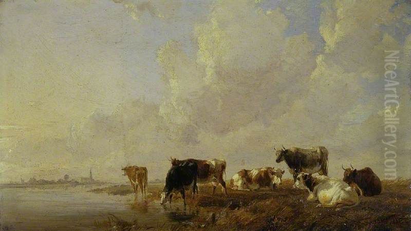 Cattle by a river Oil Painting by Thomas Sidney Cooper