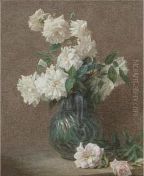 Roses Blanches Dans Une Cruche Oil Painting by Victoria Dubourg