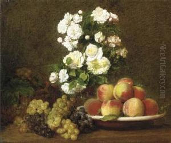 White Roses In A Vase With Peaches And Grapes On A Table Oil Painting by Victoria Dubourg