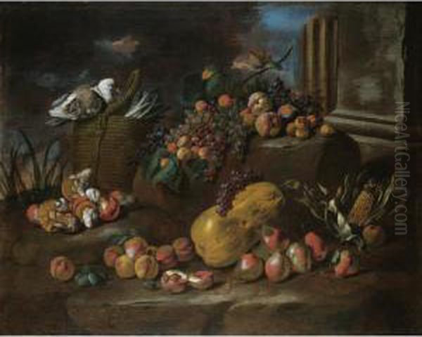 Still Life Of Peaches, Pears, 
Grapes, A Watermelon, Mushrooms, An Ear Of Corn And A Pigeon Resting On A
 Basket Of Asparagus, All Arranged In A Landscape Oil Painting by Giacomo Fardella