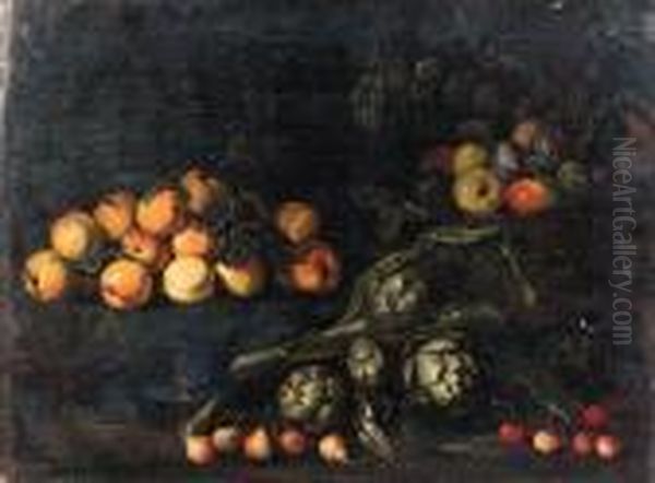 Rose, Peonie, Campanule E Altri 
Fiori In Un Fascio Racchiuso Da Unnastro Rosso, Con Fave E Mandorle En 
Plein Air Oil Painting by Giacomo Fardella