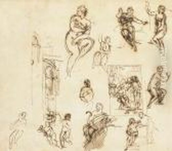 Suzanne Et Les Vieillards Avec 
Des Etudes Subsidiaires De Suzanne, Et Une Etude De Fontaine Oil Painting by Paolo Farinati