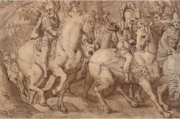 Roman Soldiers On Horseback Oil Painting by Paolo Farinati