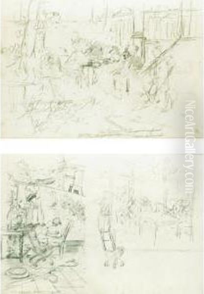 Trentasei Pagine, Parte Di Un 
Album Di Schizzi Di Soggetti Di Vita Con Varie Didascalie Autografe Oil Painting by Giacomo Favretto