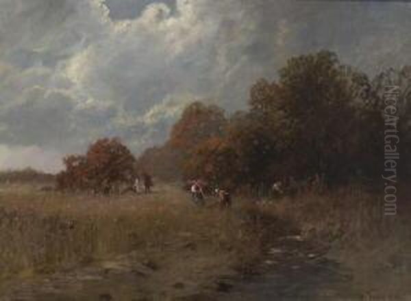 Reisigsammler In Herbstlicher
 Baumlandschaft. Oil Painting by Otto Fedder