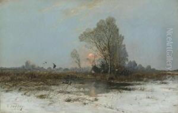 Aufsteigende Enten In Winterlicher
 Moorlandschaft. Oil Painting by Otto Fedder