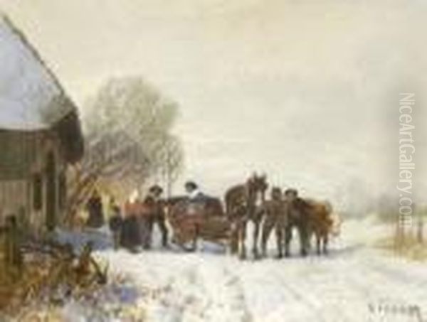Pferdeschlitten Vor Dem Bauernhaus
 In Winterlandschaft. Oil Painting by Otto Fedder