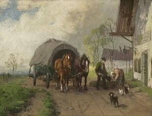 Pferdefuhrwerk Vor Der
 Dorfwirtschaft. Oil Painting by Otto Fedder