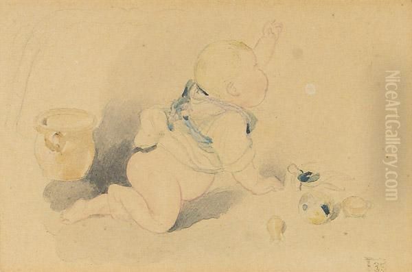 Spielendes Kleinkind Mit Nachttopf Oil Painting by Peter Fendi