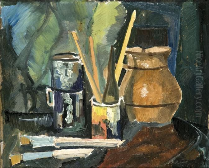 Csendelet Festoszerszamokkal Oil Painting by Valer Ferenczy