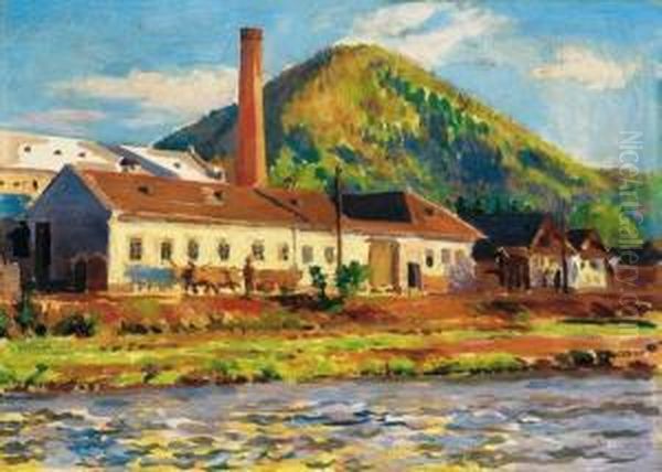 River Zazar-side In Nagybanya Oil Painting by Valer Ferenczy