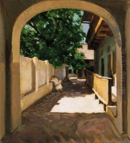 Courtyard In Nagybanya Oil Painting by Valer Ferenczy