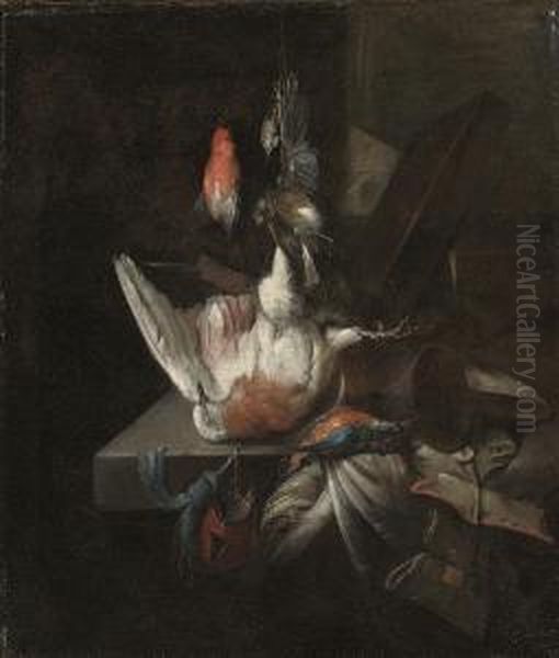 Still Life Of A Dead Partridge 
And Other Birds, And Implements Of The Chase On A Draped Stone Ledge Oil Painting by William Gowe Ferguson