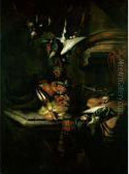 Still Life With A Cockerel And 
Other Birds Together On A Stone Ledge, Draped With A Cloth Oil Painting by William Gowe Ferguson