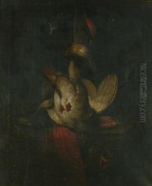 A Still Life With A Hanging Dead
 Partridge And Other Birds On A Draped Ledge With A Falcon Hood Oil Painting by William Gowe Ferguson