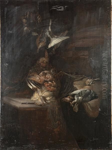 A Hanging Cockerel And Finches 
Beside A Pigeon And Other Finches On A Stone Ledge With A Column To The 
Right Oil Painting by William Gowe Ferguson