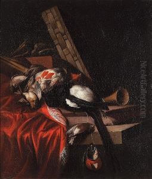 A Falconry Still Life With A 
Dead Partidge, Magpie And Song Birds On A Draped Ledge With A Basket, 
Horn And A Falcon Hood Oil Painting by William Gowe Ferguson