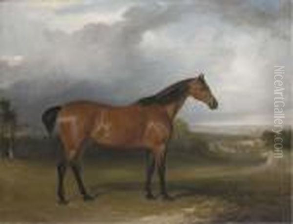 A Bay Hunter In A Landscape With
 Figures And Horses By A Path Inthe Distance And A Town Beyond Oil Painting by John Jnr. Ferneley